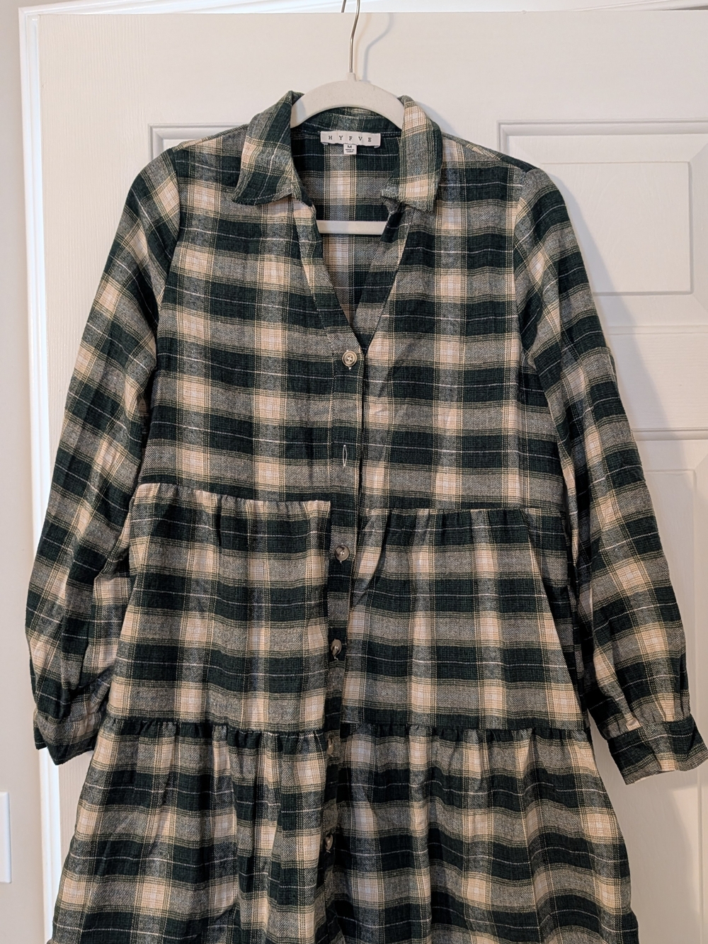 HYFVE Green and Cream Plaid Tiered Button-Front Dress